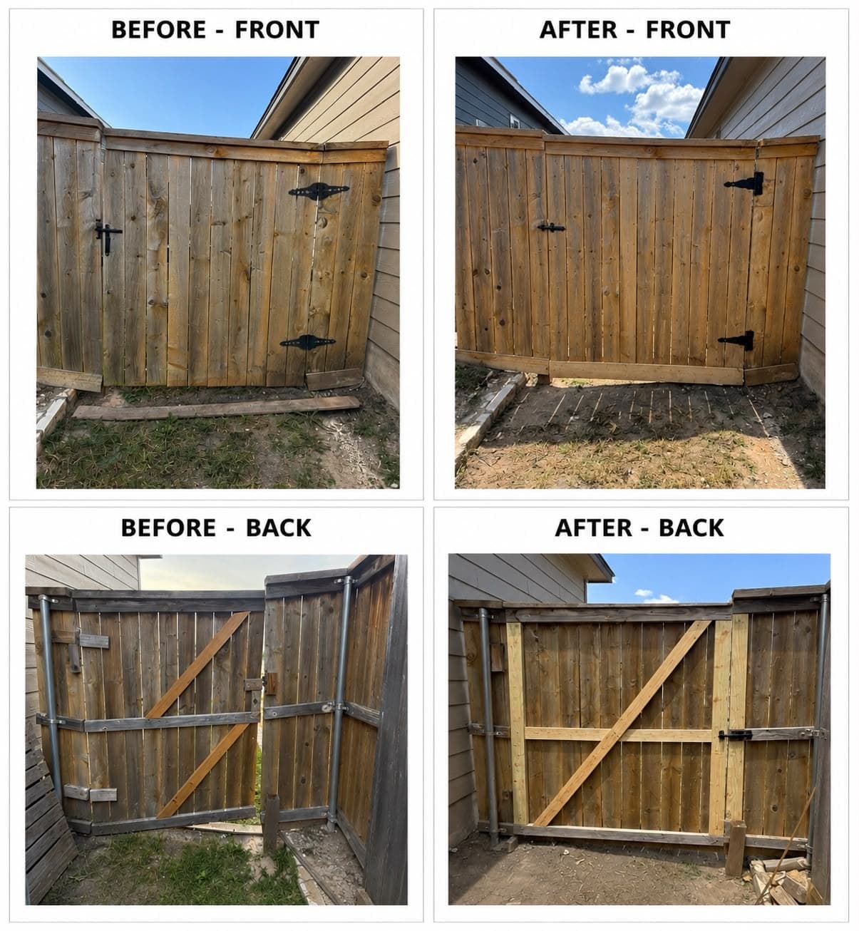 Wood fence gate repair before and after, showing reinforced framing and corrected alignment
