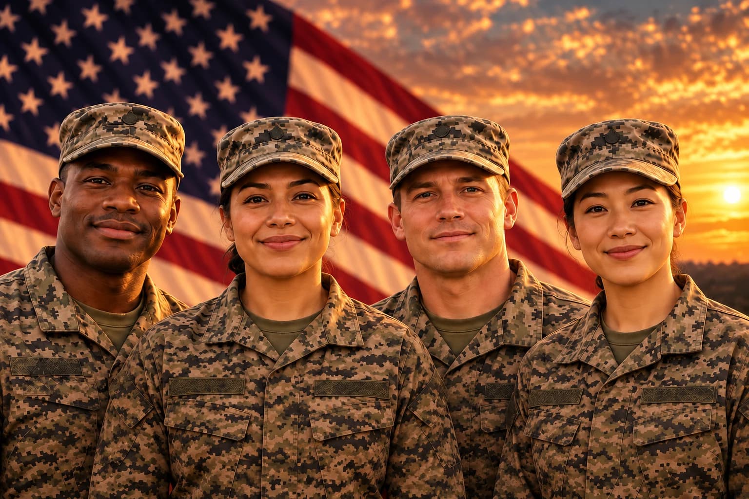 Four service members, two women and two men, standing together in front of an American flag at sunset
